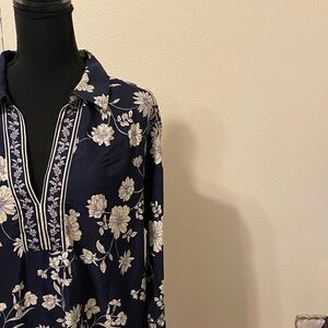 LOFT Navy and Cream Floral Top
